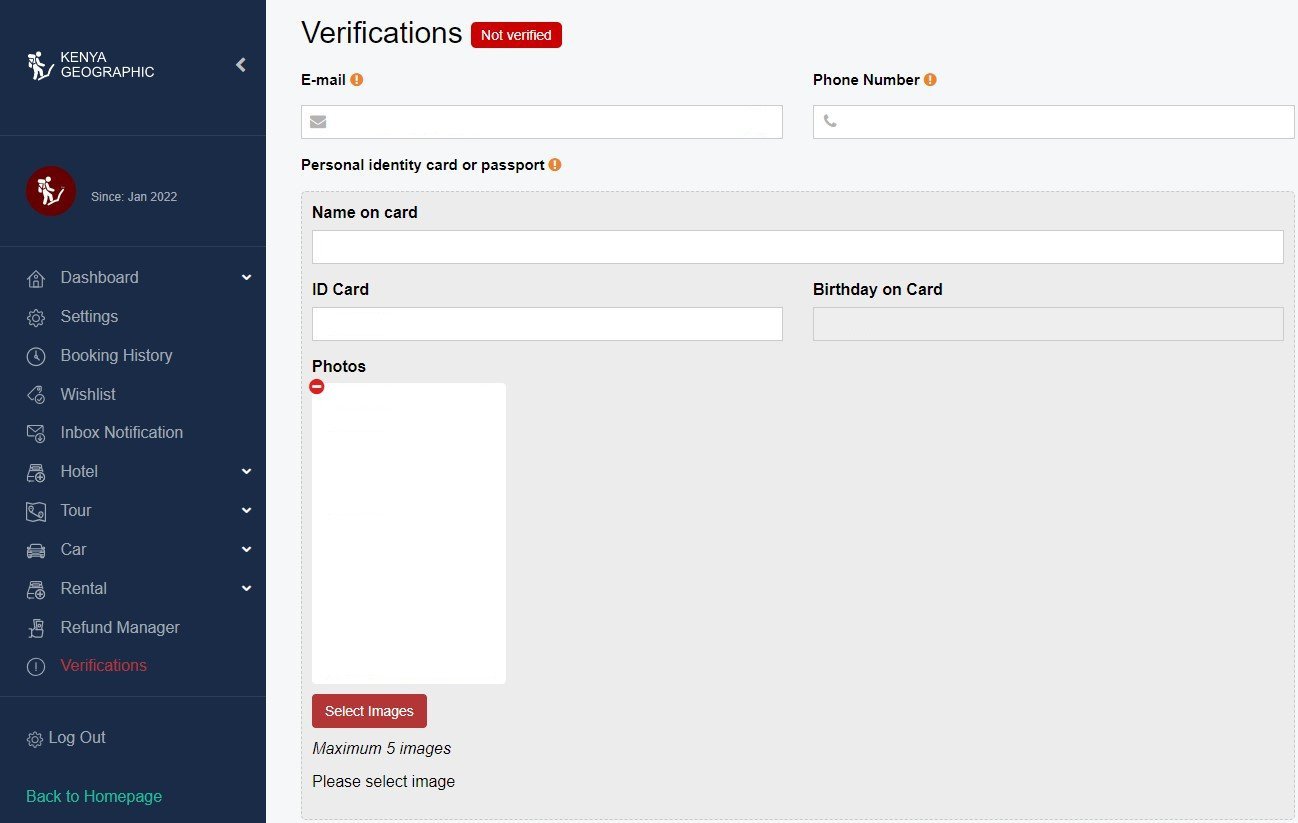 The SafariQuest Partner Dashboard enables you to verify your account.