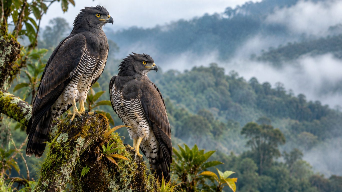 One of Africa's most unusual prey birds glides high above Kenya's forests. The African Harrier-Hawk possesses an extraordinary adaptation: double-jointed legs that allow it to bend its limbs backwards and reach deep into tree cavities to extract hidden prey.